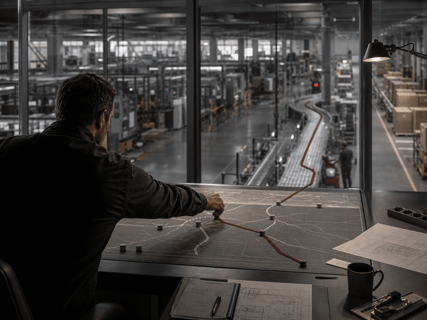 An operator selecting a route on a decision table overlooking an active production environment