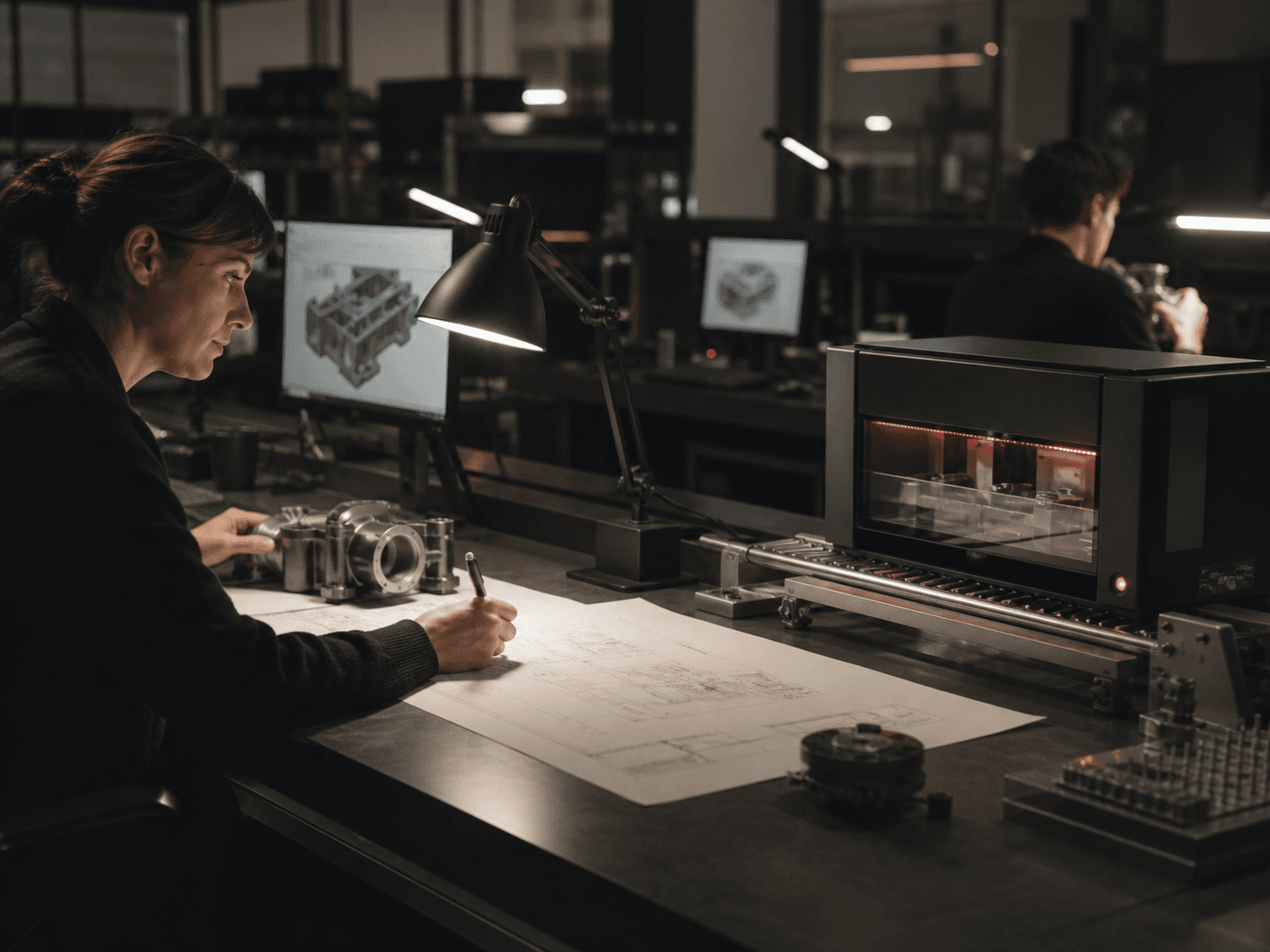 An engineer reviewing a component while a bounded automated workstation handles a repeatable step